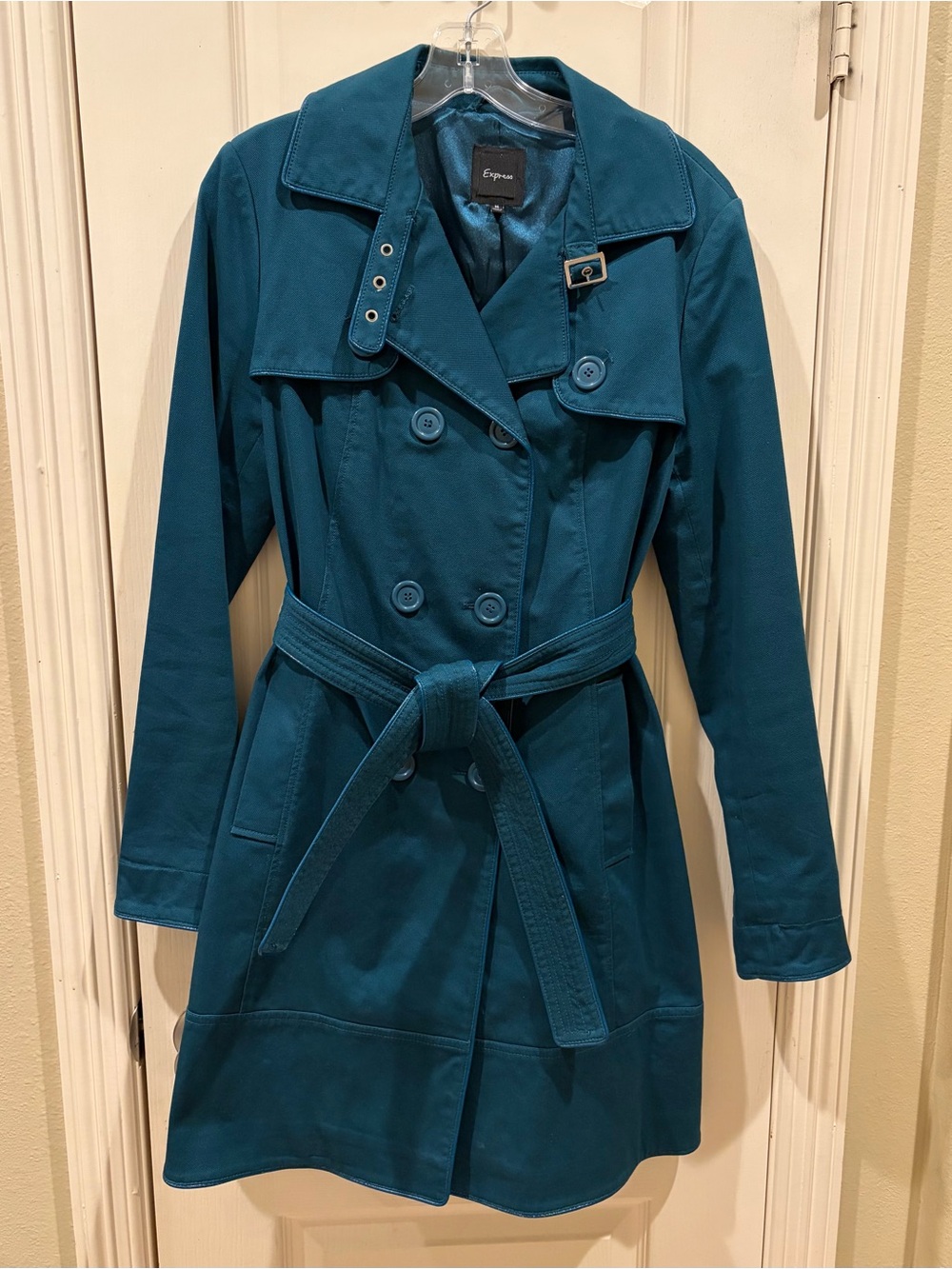 Express Y2K 2008 Teal Blue Double Breasted Trench Coat Belted Long Sleeve M